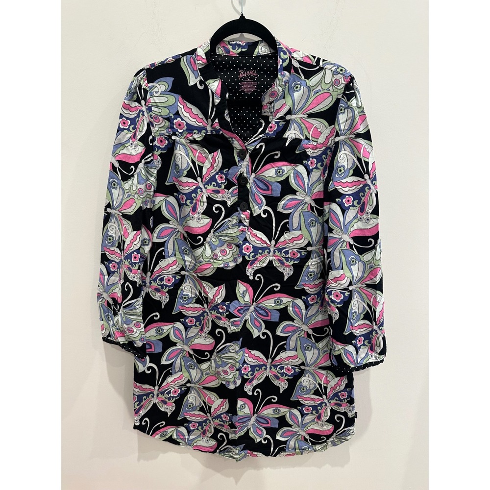 Nick & Nora Womens L black paisley 100% Cotton Sleep Shirt Nightgown Long Sleeve